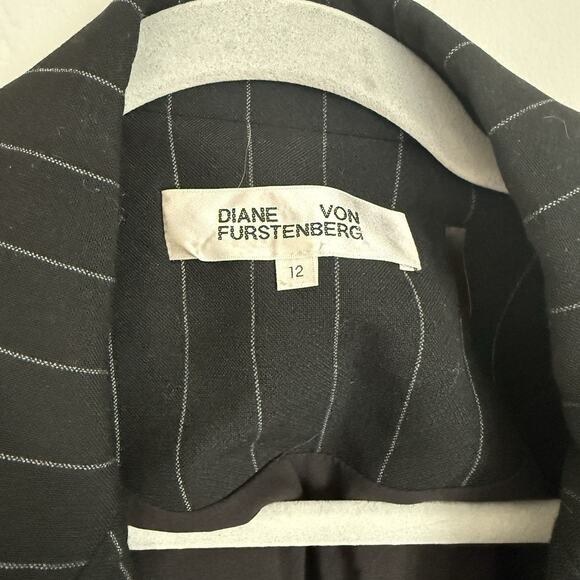 Diane Von Furstenberg Pin Stripe Blazer Asymmetrical Belted Jacket Black 12 $529 - Picture 2 of 11